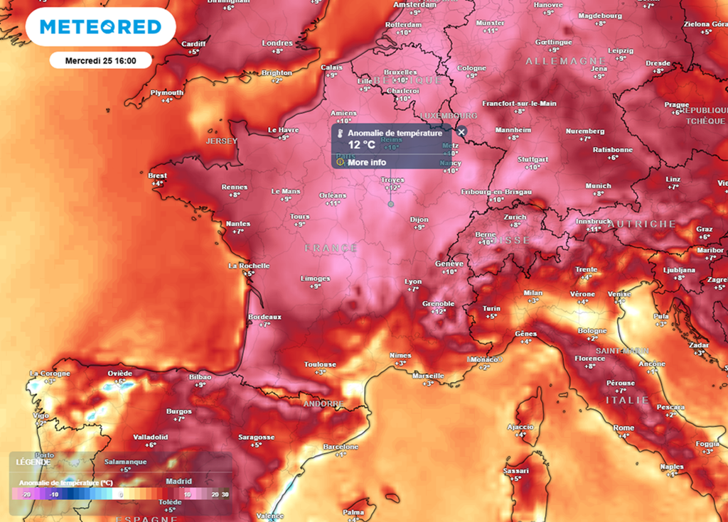 En milieu de semaine, les maximales seront situées jusqu'à 12°C au-dessus des normales de saison.