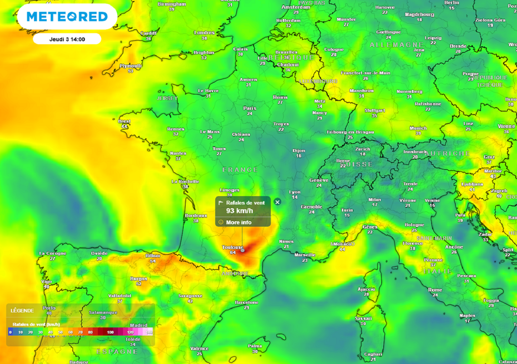 En deuxième de partie de semaine, les rafales dépasseront souvent les 90 km/h dans le domaine de l'autan. En deuxième de partie de semaine, les rafales dépasseront souvent les 90 km/h dans le domaine de l'autan.