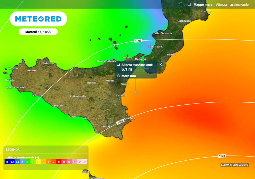 Questi forti venti da Sud-est e Est-sud/est, attivi sul quadrante nord di questo nuovo minimo al suolo, soffiando intensamente per poco meno di 24 ore, su un fetch di almeno 600 km, produrranno un moto ondoso imponente, con onde di mare vivo alte fino a oltre 4-5 metri.