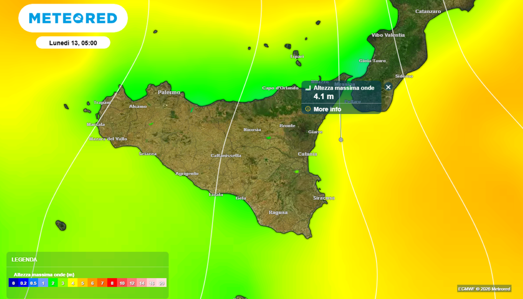 L'altezza delle onde attesa nella giornata di lunedì.
