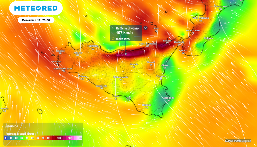 Le forti raffiche di Scirocco attese domenica sulla Sicilia. Si stimano valori oltre i 100 km/h sulle coste tirreniche.