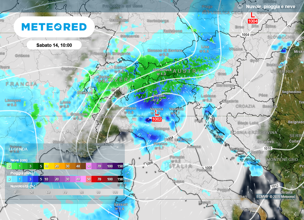 La perturbazione che potrebbe arrivare sabato sull'Italia riportando la neve sulle Alpi e una nuova fase di instabilità al centro-nord.