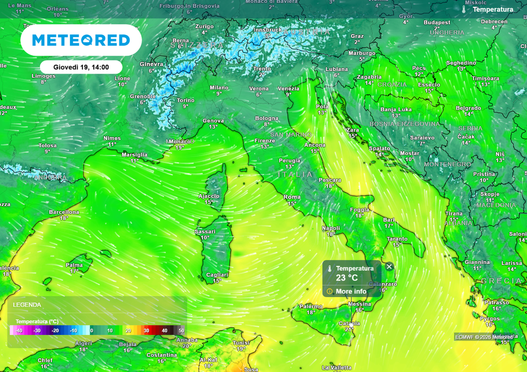 Temperature per giovedì 19 febbraio Durante la giornata di giovedì 19 febbraio al Sud si registreranno temperature massime superiori ai 20 °C.
