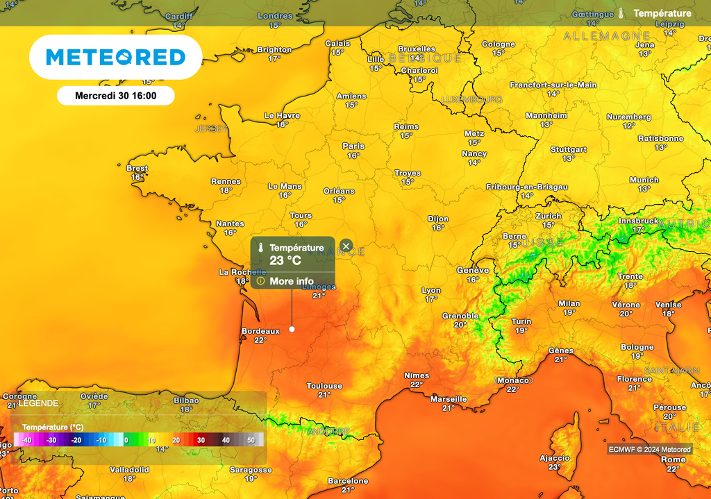 Températures prévues ce mercredi après-midi en France.