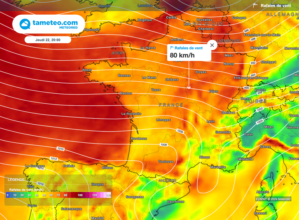 D'ici la soirée de jeudi, les plus fortes rafales se situeront vers le Nord-Est. Elles pourraient dépasser les 80km/h d'après les mailles fines.