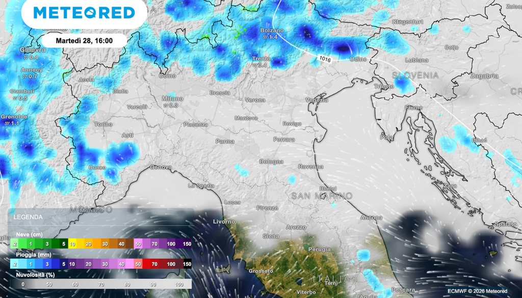 Rovesci e temporali attesi al Nord Italia oggi pomeriggio (martedì 28 aprile)