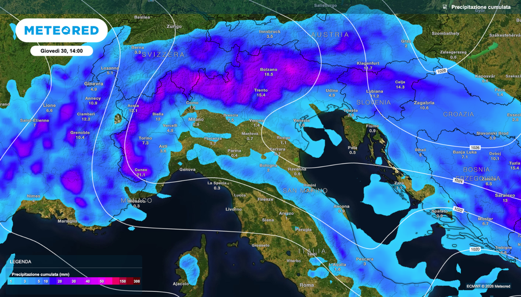 Accumuli di pioggia previsti in questi giorni tra Alpi e Nord Italia
