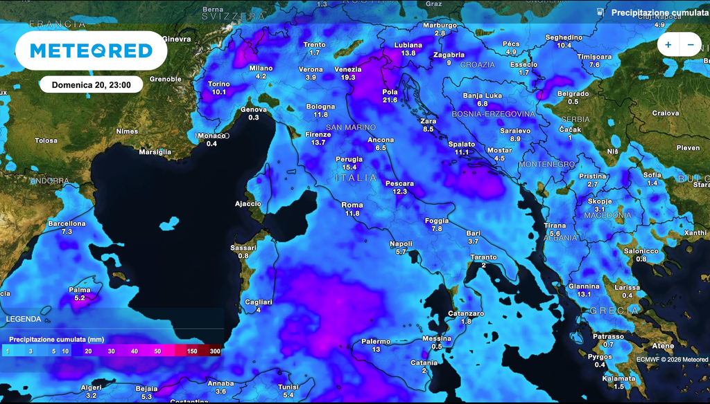 Mappa relativa a nubi e piogge previste per oggi e nel weekend
