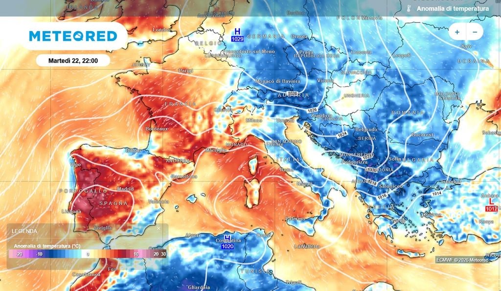 Le anomalie di temperatura in Europa questo mercoledì 23 settembre: caldo in Spagna e Francia, mentre in Italia si abbasseranno nettamente i valori.