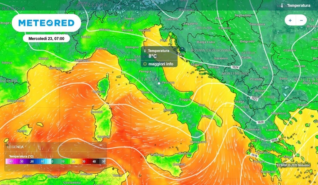 Le temperature minime in Italia la mattina di mercoledì 23: predomina il verde, quindi valori nettamente più bassi rispetto ai giorni scorsi.