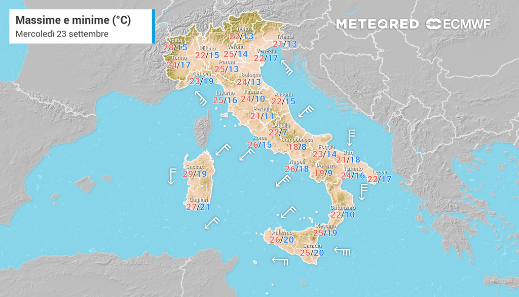 Le temperature massime e minime previste mercoledì 23 settembre 2026 in Italia, secondo il modello europeo ECMWF.