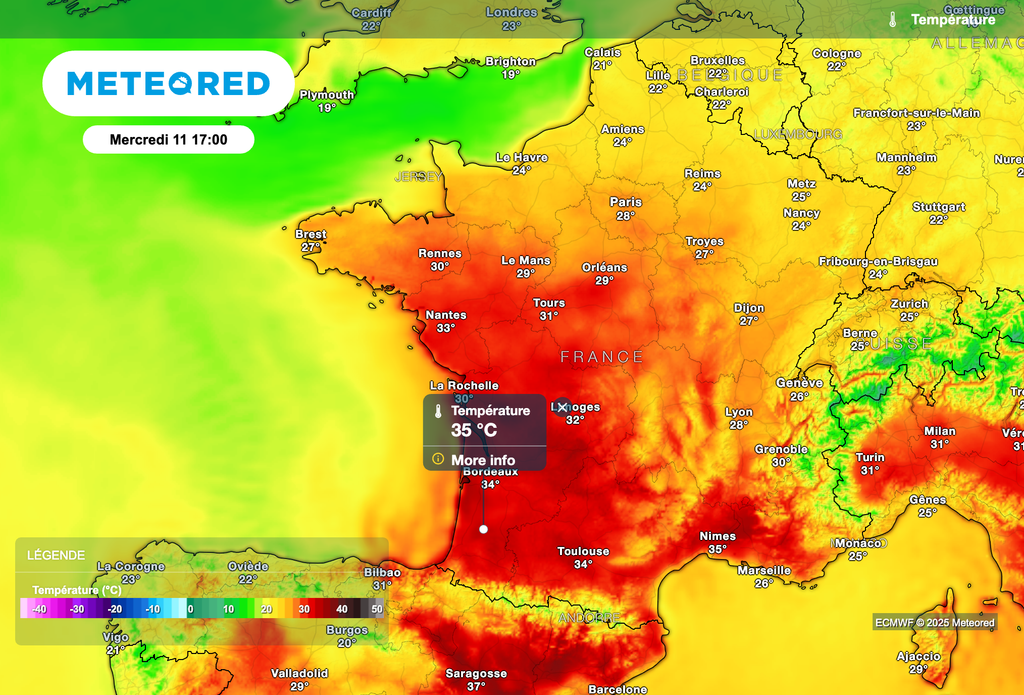 Plus de 35 degrés dans le sud-ouest de la France mercredi après-midi. Plus de 35 degrés dans le sud-ouest de la France mercredi après-midi.