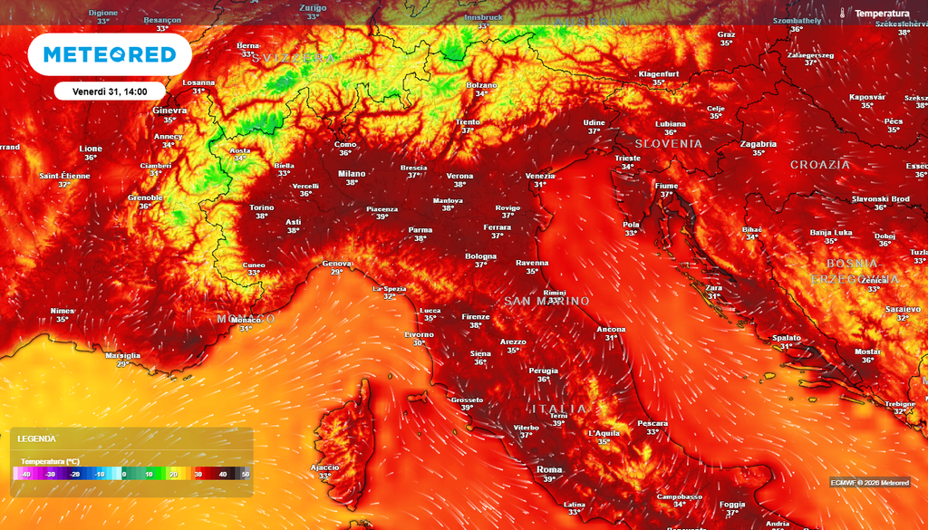 Temperature massime previste per l'ultimo giorno di Luglio Temperature prossime ai 40°C su tutta la Pianura Padana