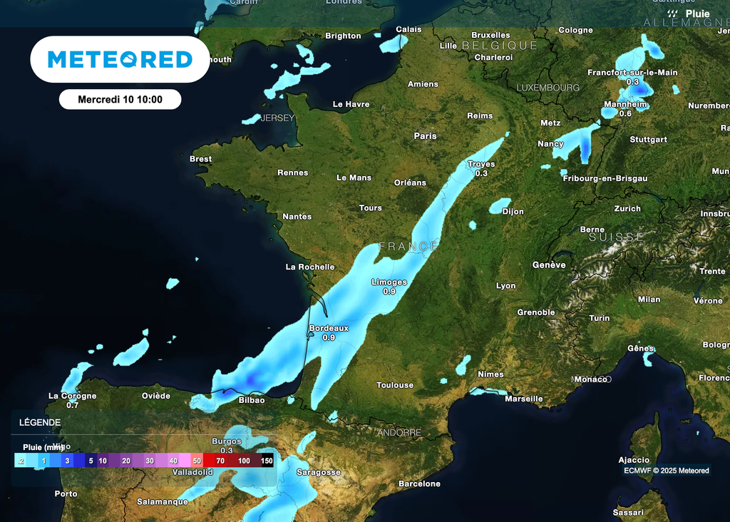 Météo pluvieuse mercredi entre le sud-ouest et le nord-est de la France. Météo pluvieuse mercredi entre le sud-ouest et le nord-est de la France.
