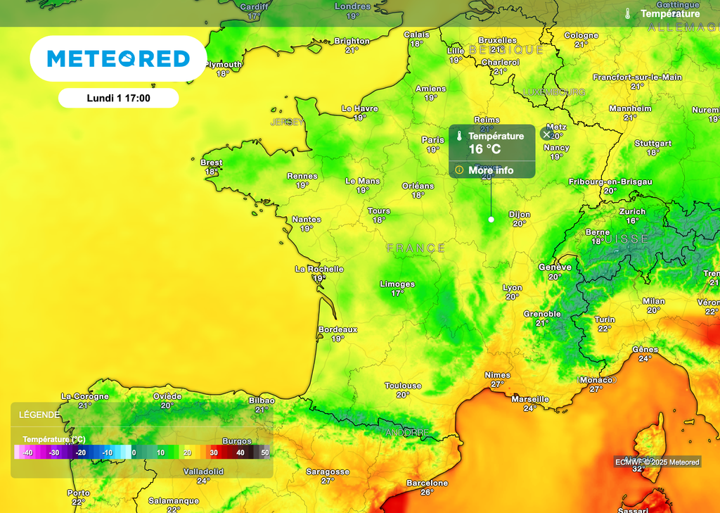 Températures prévues en début de semaine prochaine.