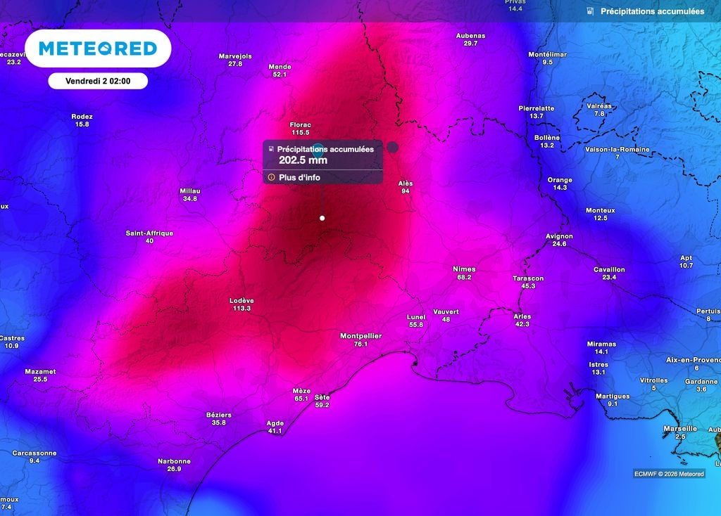 Le modèle ECMWF informe d'un risque de cumuls supérieurs à 200mm. Le modèle ECMWF informe d'un risque de cumuls supérieurs à 200mm.