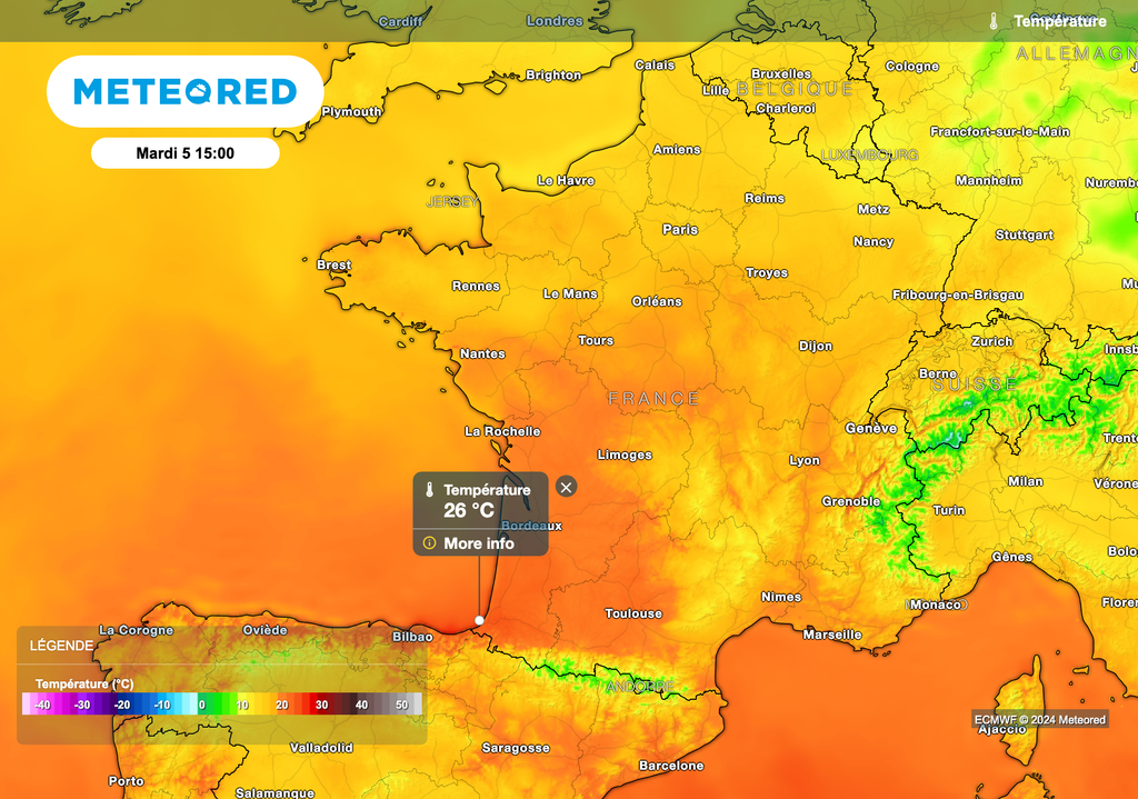 Douceur très prononcée dans le sud-ouest de la France avec des valeurs proches de 25°C cet après-midi !
