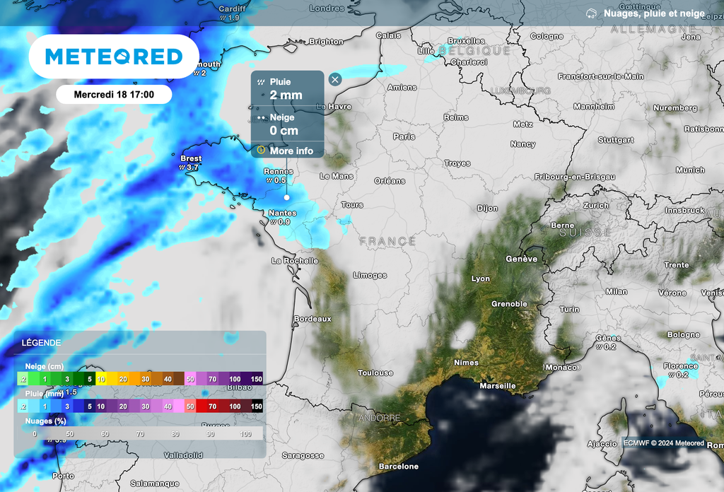 Des pluies soutenues attendues demain après-midi dans le nord-ouest de la France.