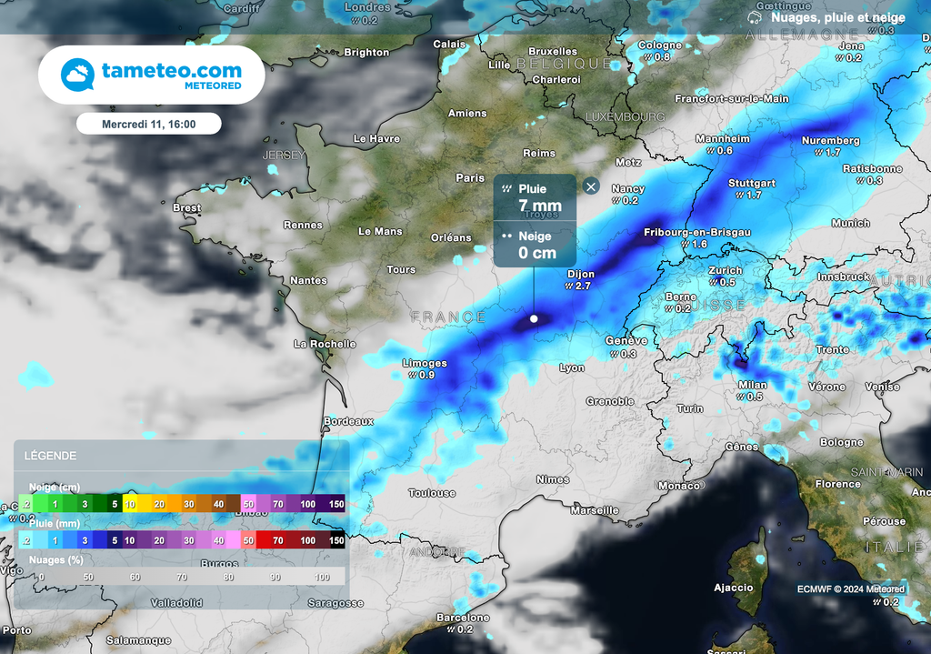 Progression des pluies l'après-midi vers le sud de la France. Progression des pluies l'après-midi vers le sud de la France.