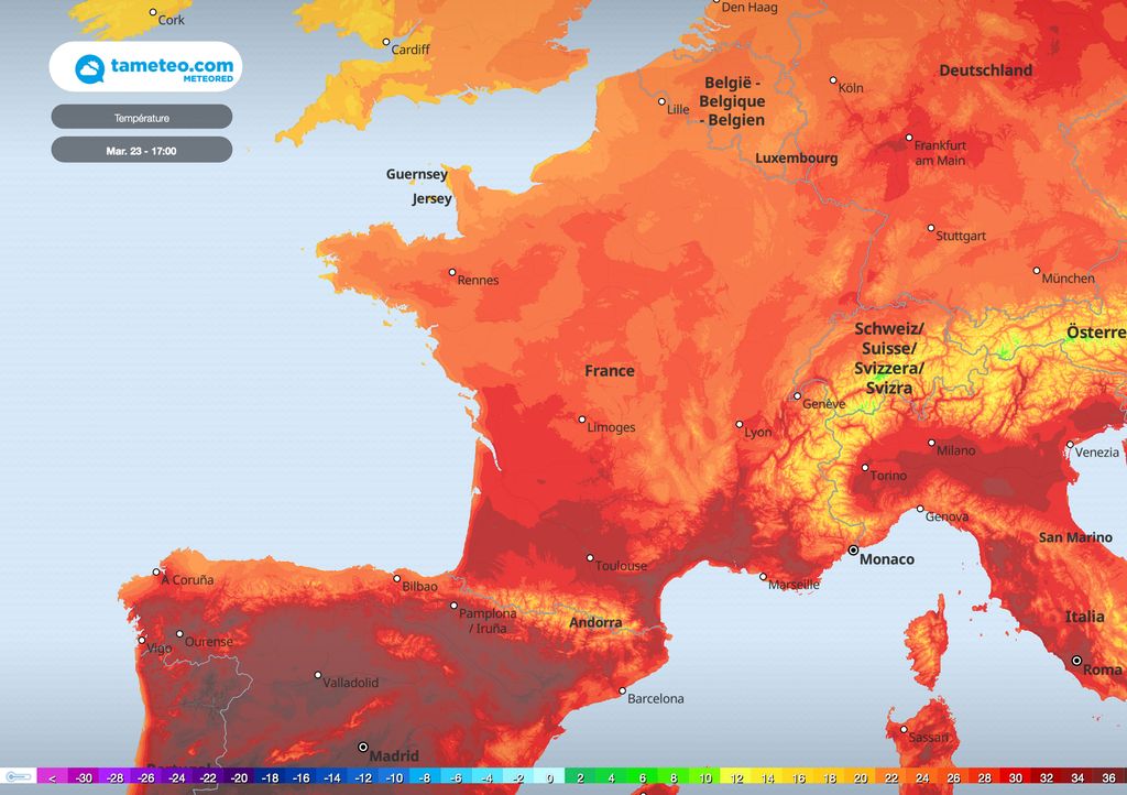 Carte des températures mardi 17h Carte des températures mardi 17h