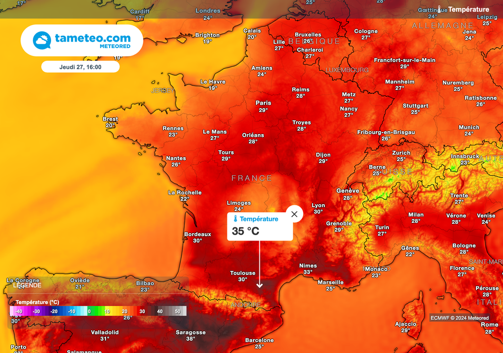 Des pointes à près de 35 degrés attendues dans le sud de la France ce jeudi après-midi.