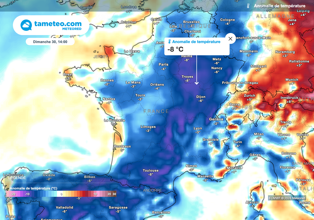 Températures nettement inférieures aux normales de saison dimanche après-midi.