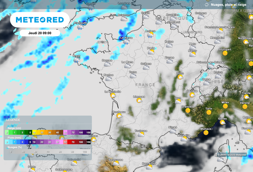Météo pluvieuse ce matin entre la Bretagne et la Normandie. Météo pluvieuse ce matin entre la Bretagne et la Normandie.