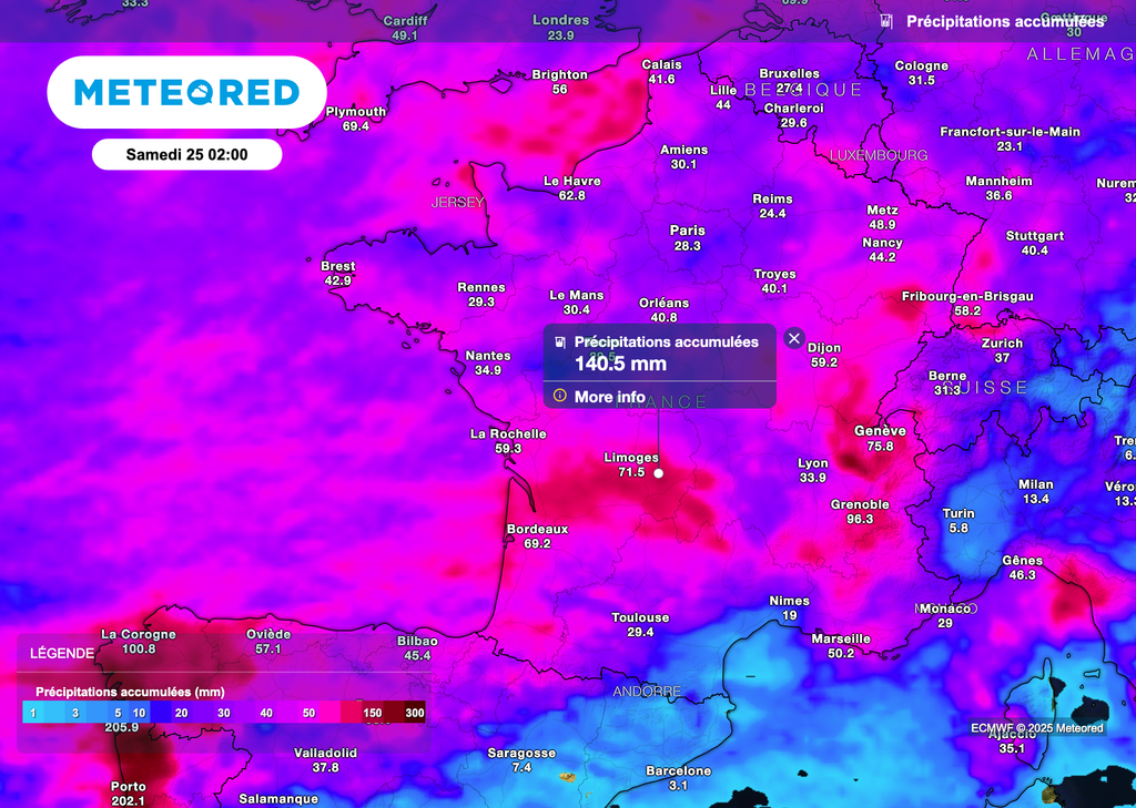 Des pluies parfois très importantes envisagées en région Nouvelle-Aquitaine et Auvergne-Rhône-Alpes. Des pluies parfois très importantes envisagées en région Nouvelle-Aquitaine et Auvergne-Rhône-Alpes.