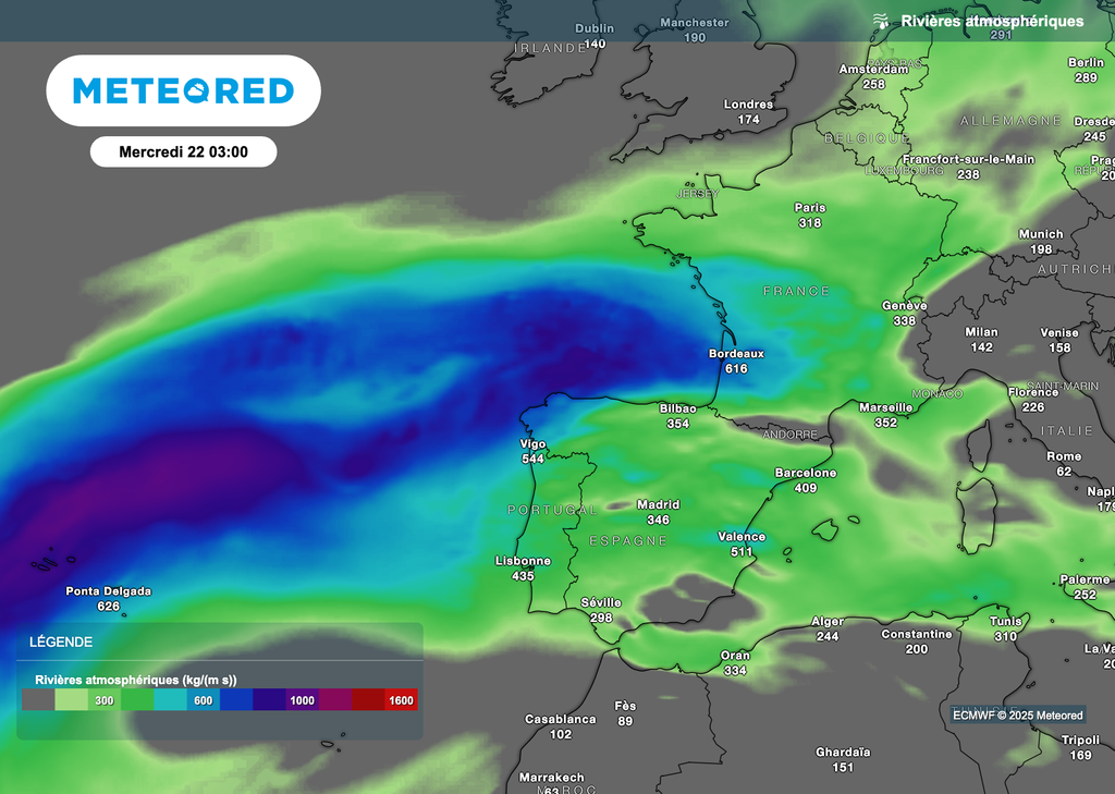 Une rivière atmosphérique va apporter de très pluies cette semaine au-dessus de la France. Une rivière atmosphérique va apporter de très pluies cette semaine au-dessus de la France.