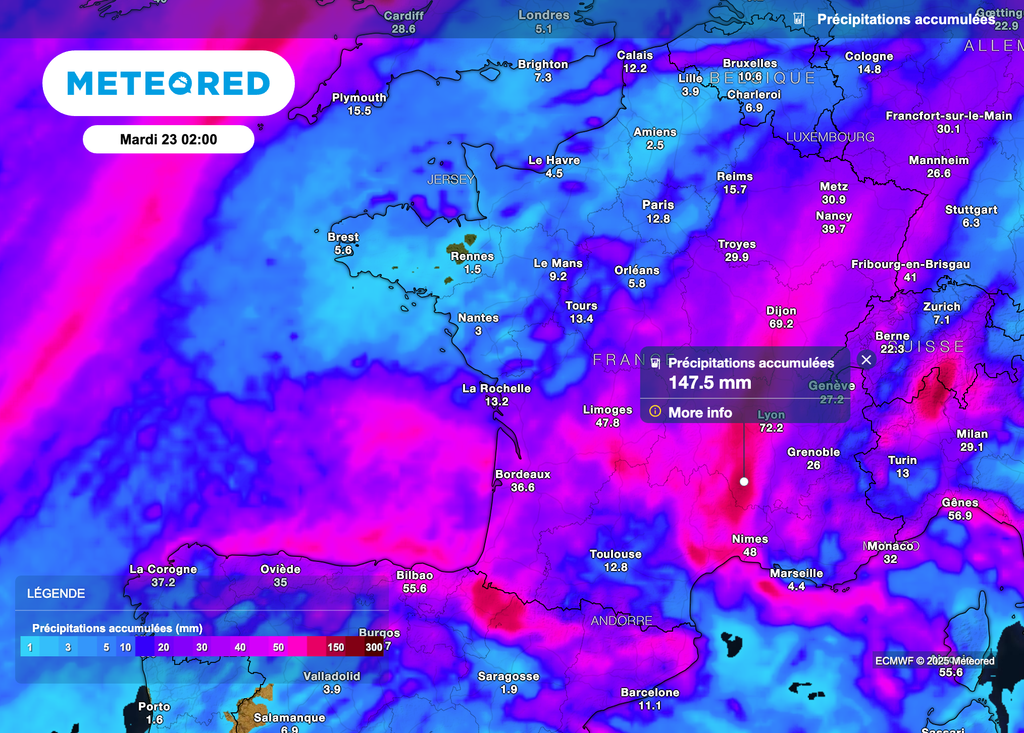 Des cumuls de pluie parfois importants d'ici le milieu de semaine prochaine.