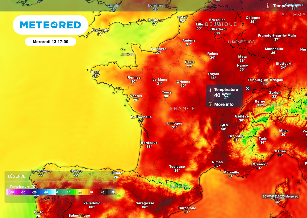 Températures un peu moins chaudes dans le sud-ouest mercredi. 40°C attendus à Lyon mercredi après-midi. Températures un peu moins chaudes dans le sud-ouest mercredi. 40°C attendus à Lyon mercredi après-midi.