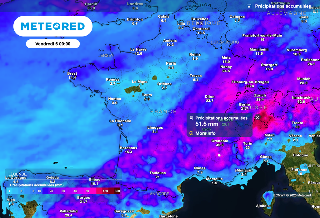 Précipitations attendues en France au cours des prochains jours.