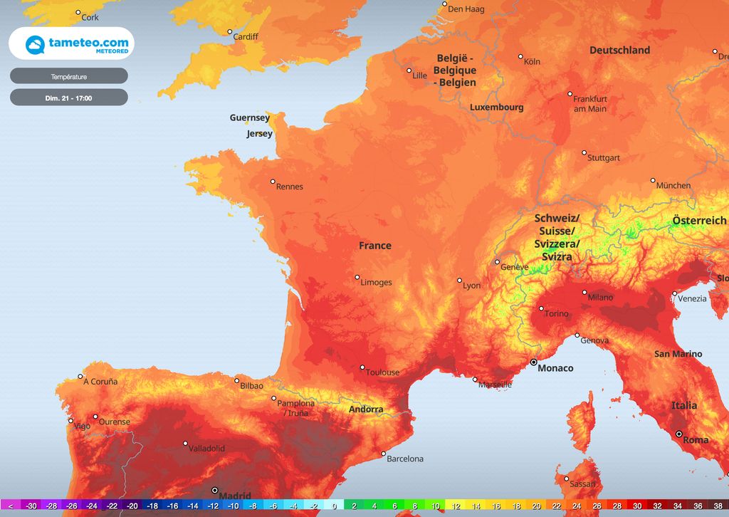 Carte des températures dimanche 17h Carte des températures dimanche 17h