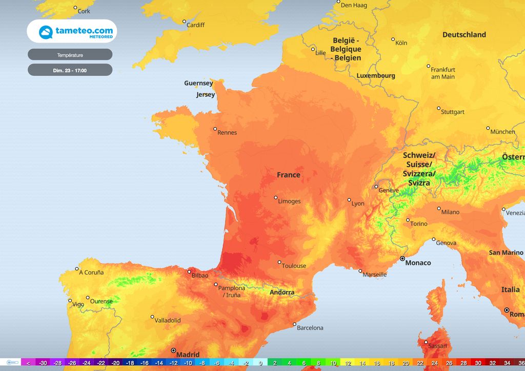 Carte des températures Dimanche 17h
