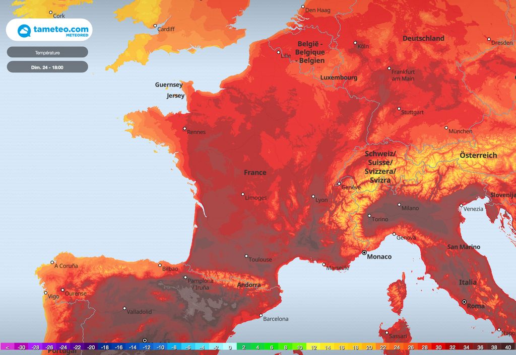Carte des températures dimanche