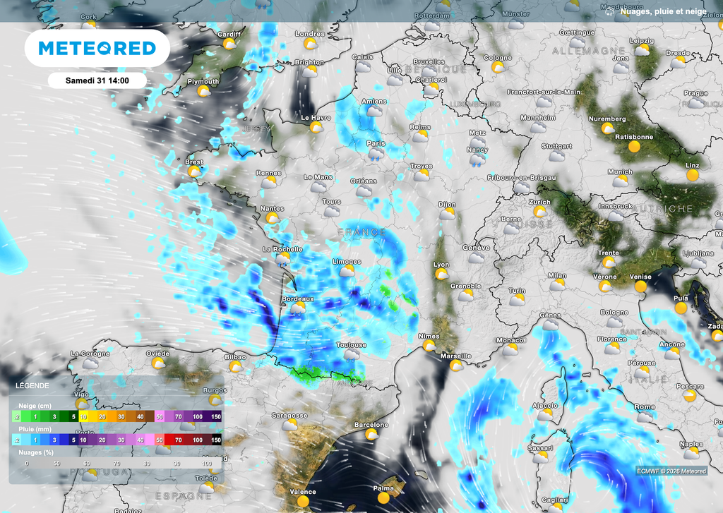 Samedi, la pluie sera bien présente dans le quart sud-ouest de l'hexagone.