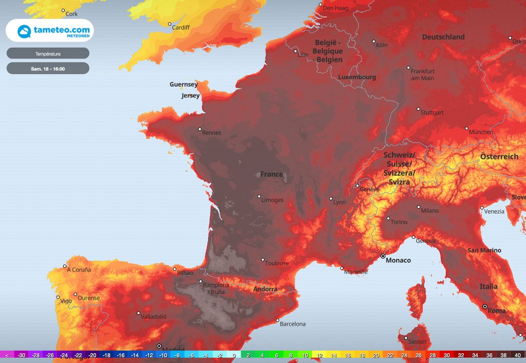 Carte des températures samedi 18 juin à 16h