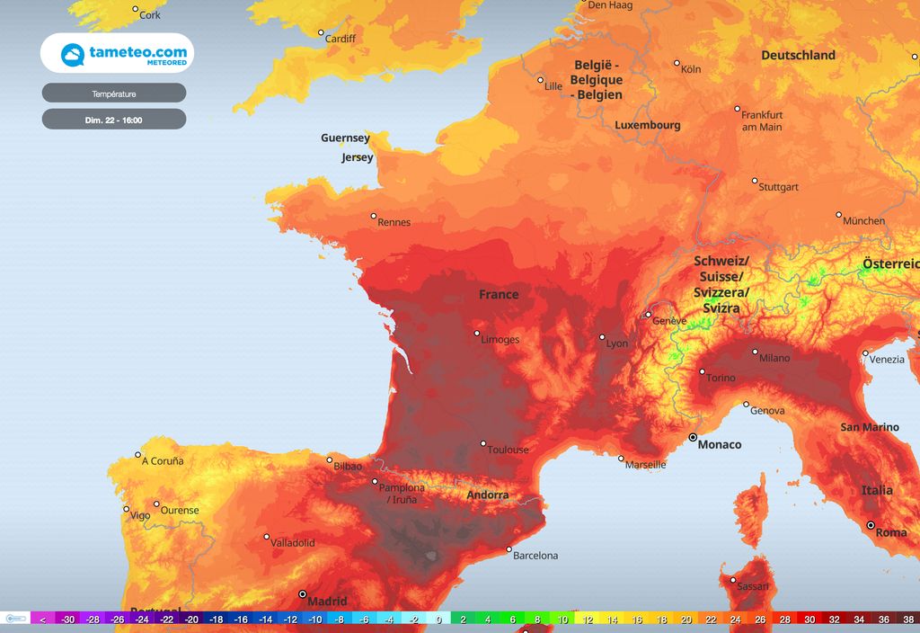 Carte des températures attendues dimanche à 16h Carte des températures attendues dimanche à 16h