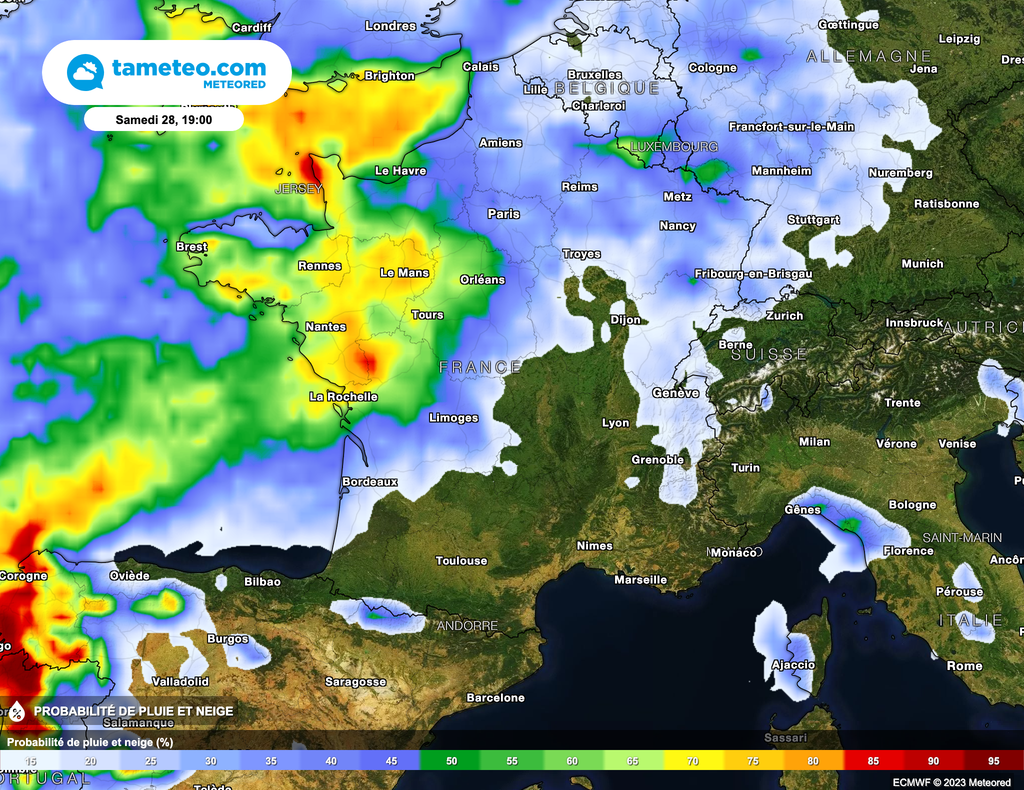 Fort risque de pluie dans le Centre-Ouest et Nord-Ouest entre samedi soir et la nuit de samedi à dimanche. Fort risque de pluie dans le Centre-Ouest et Nord-Ouest entre samedi soir et la nuit de samedi à dimanche.