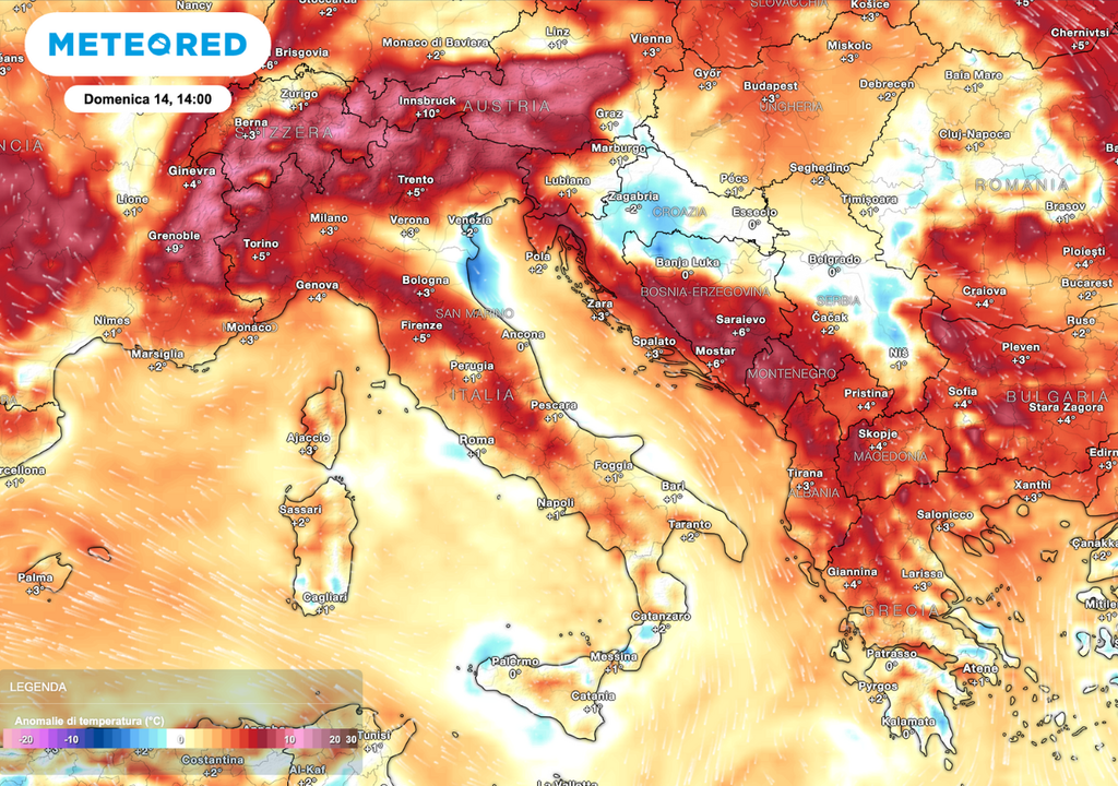 Le anomalie termiche previste mostrano valori di 3–5 °C sopra la media. Le anomalie termiche previste mostrano valori di 3–5 °C sopra la media.