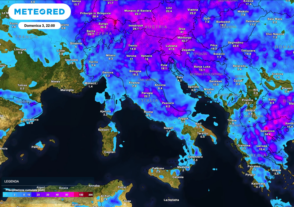 Precipitazioni cumulate del weekend: massimi su Nord-Est e regioni centrali Precipitazioni cumulate del weekend: massimi su Nord-Est e regioni centrali