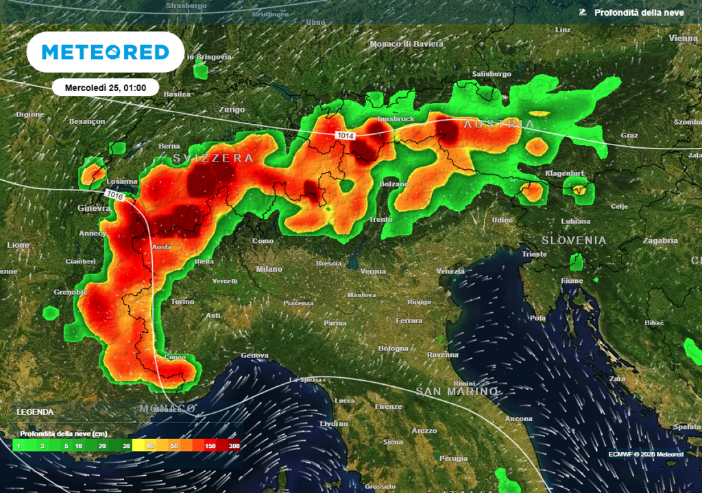 Le nevicate attese lungo l'arco alpino nei prossimi giorni, a partire da domenica 22 marzo. Si notano gli accumuli più consistenti lungo il settore confinale.