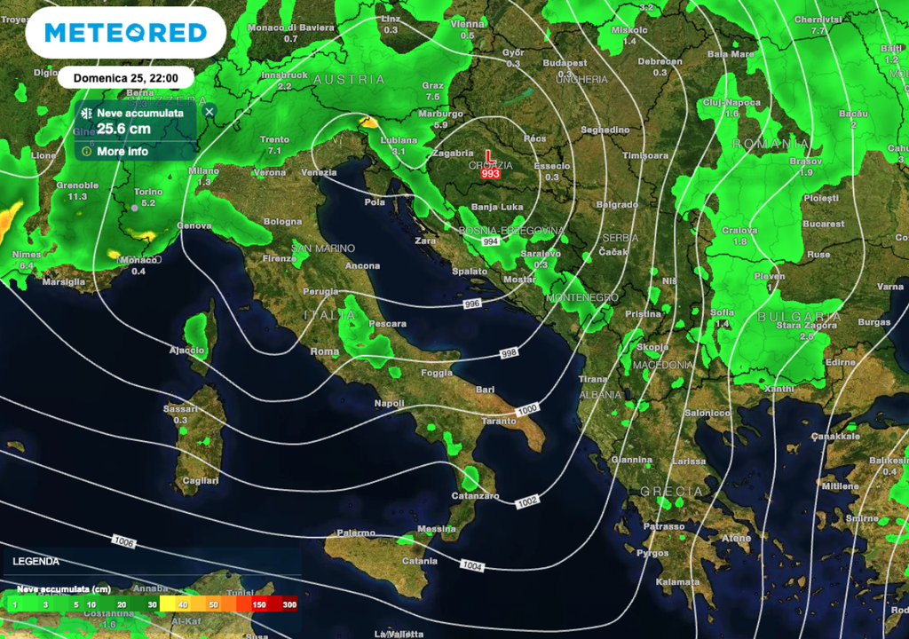 Accumuli di neve previsti entro domenica sera