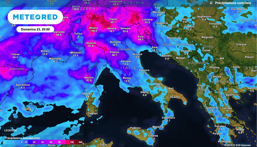 Gli accumuli di pioggia previsti entro domenica.
