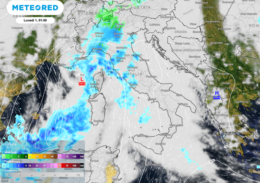 Il maltempo torna da ovest: piogge e venti in rinforzo già nelle prime ore di lunedì