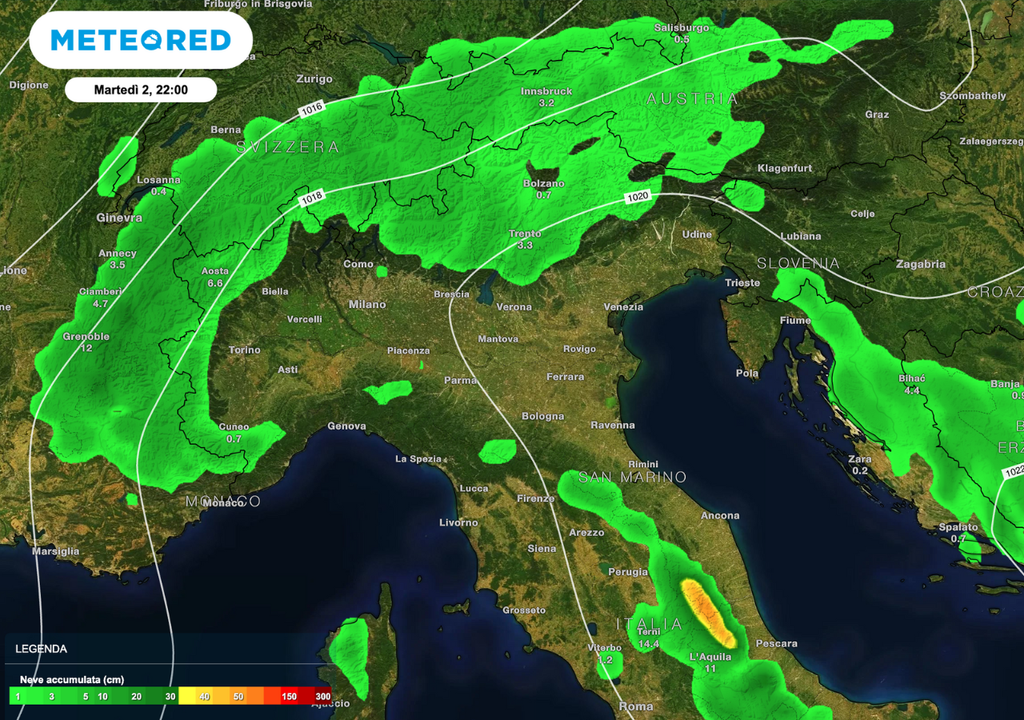 Neve sulle Alpi e Appennino: gli accumuli previsti fino a martedì sera