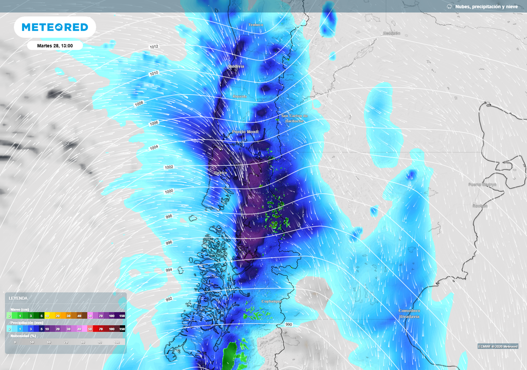 Sistema frontal activo dejará precipitaciones intensas entre el sur del Maule y Aysén durante la jornada del martes, con mayor concentración en sectores cordilleranos.