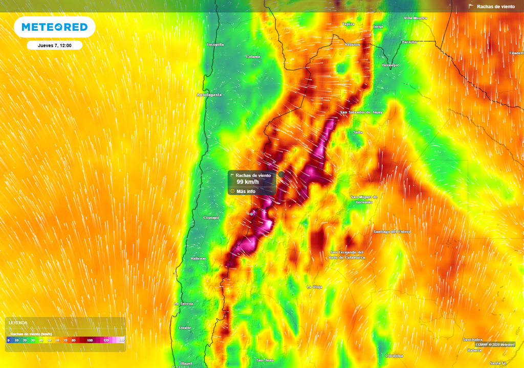 Viento en alerta en el norte: el mapa muestra rachas que podrían alcanzar hasta 100 km/h en cordillera de Antofagasta y Atacama, en línea con la alerta de la DMC por corriente en chorro activa en la zona.