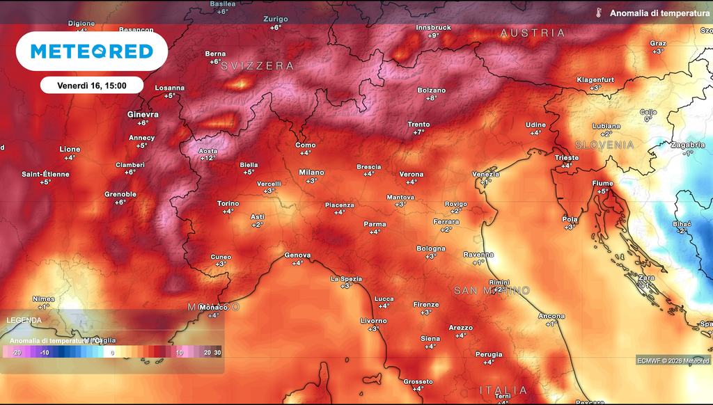 Mappa relativa all'anomalia di temperatura prevista
