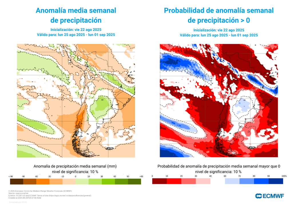 Los mapas de anomalías de precipitación semanal nos indican que los sistemas frontales que se moverán por la zona austral esta semana no dejarán montos muy elevados.